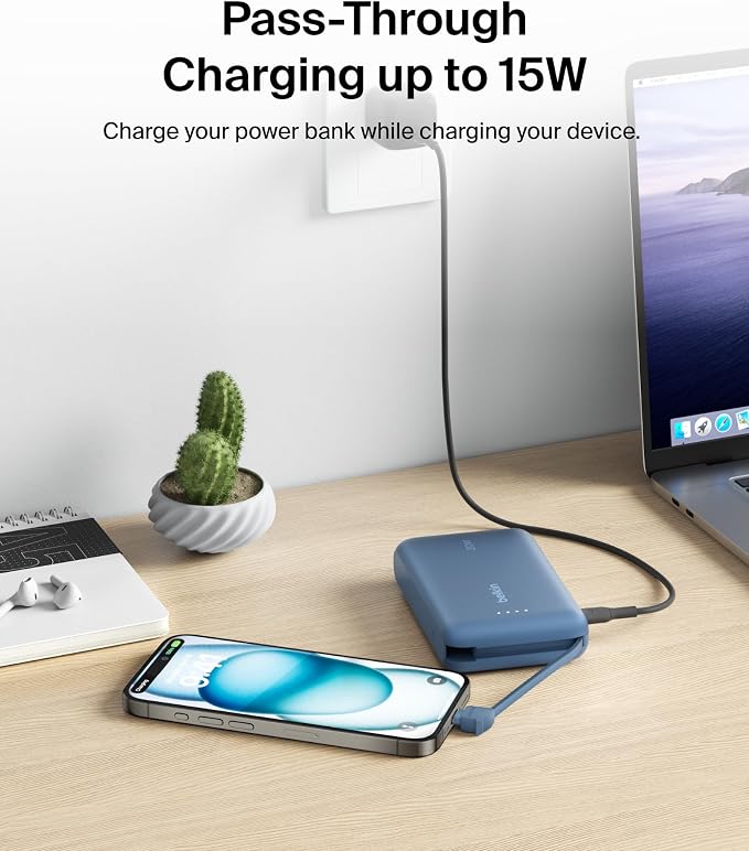Belkin Portable Charger Power Bank USB C, 10000 mAh w/Integrated Cable, 20W Fast Charge USB-C Power Delivery, iPhone Charger, Apple iPhone 17, Air, Pro, Pro Max, iPad, Samsung Galaxy S25 - Blue