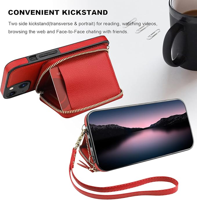 Bocasal RFID Blocking Wallet Case for iPhone 14 iPhone 13, Adjustable Crossbody Zipper Purse Case Card Holder with Kickstand Detachable Wrist Strap, PU Leather Flip Folio Case 6.1 Inch 5G (Red)