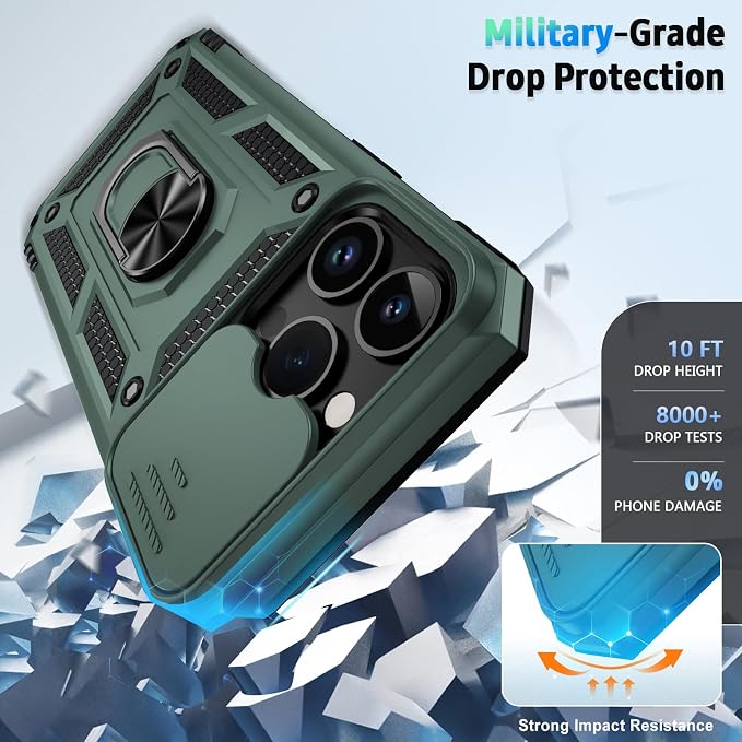 Weycolor for iPhone 14 Pro Max Case with Camera Lens Cover, HD Screen Protector, 10 FT Military Grade Drop Protection, Magnetic Ring Holder Kickstand Protective Phone Case, Pine Green