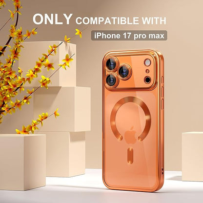 Misea Magnetic for iPhone 17 Pro Max Case Compatible with MagSafe [Never Yellowing] [Military Grade Drop Protection] Full Camera Lens Protector Plating Soft Clear Phone Case for Women, Cosmic Orange