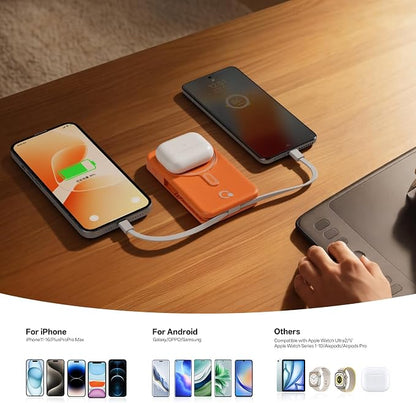 Q Magnetic Wireless Portable Charger 10,000mAh, Travel Essentials Power Bank with Built-in Cables & Foldable Stand, External Battery Pack Compatible with iPhone 17/16/15/14/13/12, Apple Watch