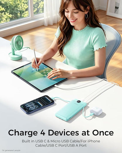 VEGER Portable Charger with Built-in AC Plug and Cables, All in One 10000mAh Ultra Slim Power Bank Travel Essentials, USB C External Battery Pack Compatible with iPhone, Samsung, More, Green