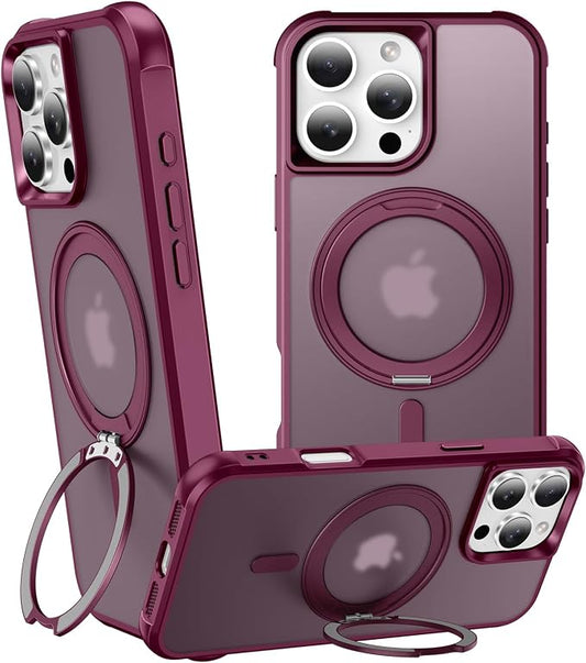 360° Magnetic Swivel Ring for iPhone 16 pro case, Built-in Metal Stand and Ring Holder, Magsafe Compatible, Military Grade Protection, Shock and Vibration Resistant - Wine Red