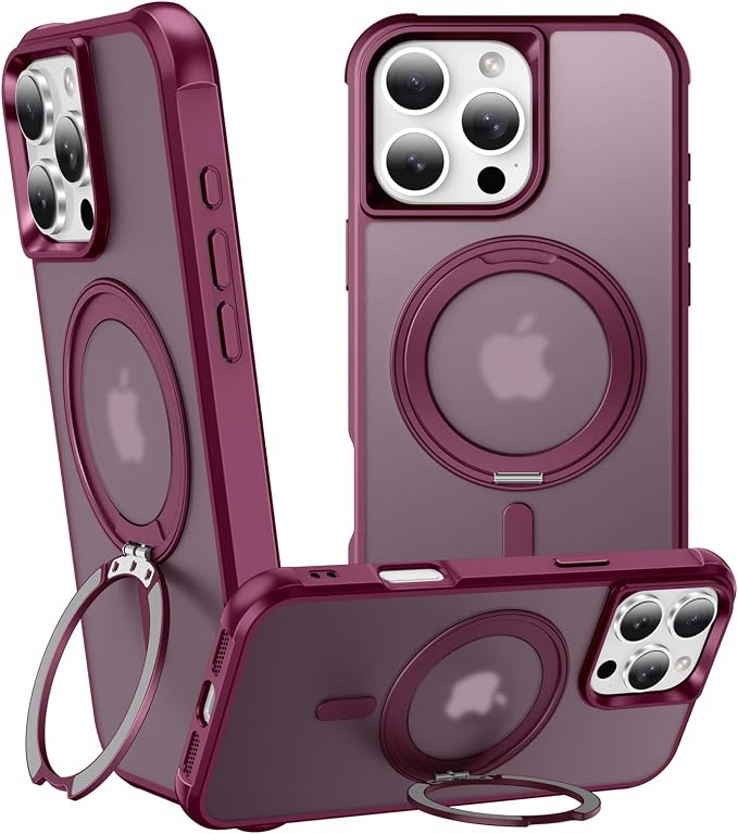 360° Magnetic Swivel Ring for iPhone 16 pro max case, Built-in Metal Stand and Ring Holder, Magsafe Compatible, Military Grade Protection, Shock and Vibration Resistant - Wine Red
