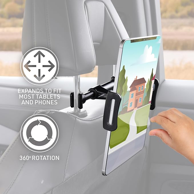 Monster Tablet Mount for Car Headrest, Adjustable Car Tablet Holder for Back Seat Kids, Fits All Tablets up to 7.87” Inches (4”-12” + Sized Tablets), for iPad Pro, Mini, Air, Fire, Galaxy, and More