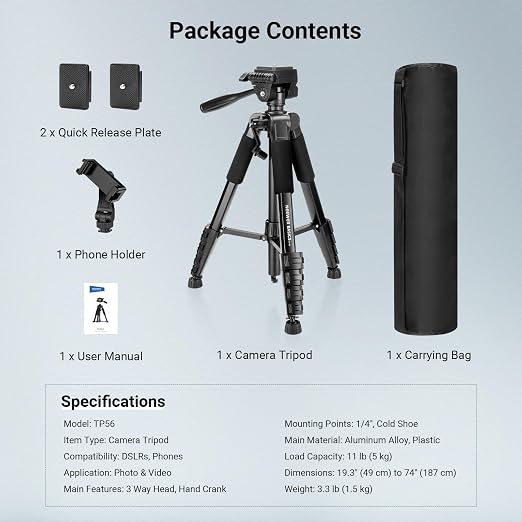 NEEWER Basics Camera Tripod, 74" Tripod with Cell Phone Holder Mount Compatible with iPhone for Video Recording, Professional Aluminum Lightweight Portable Travel Stand with 3 Way Pan Tilt Head, TP56