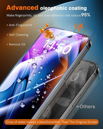 LK 3 Pack for iPhone 15 Pro Screen Protector [Auto-Dusting 0 Bubble] Military Grade Shatterproof, Full Coverage HD Ultra Tempered Glass Screen Protector for 15 Pro [One-Pull Install] Anti-Scratch