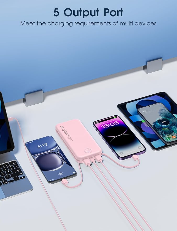 Nusyddy Portable Charger 10000mAh PD20W w/Built-in Cables & Wall Plug Pink | PD20W Fast Charging, Battery Indicator, Pass Through Charging, TSA Approved, Compact/Slim, Power Bank for iPhone/iPad/Samsung