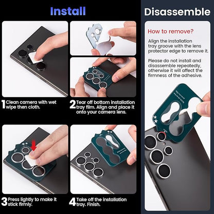 Tensea (3+2PCS Compatible with Samsung Galaxy S25 Ultra Camera Lens Protector, 9H Tempered Glass Camera Cover Screen Protector Metal Individual Ring [Installation Tray][Case Friendly]