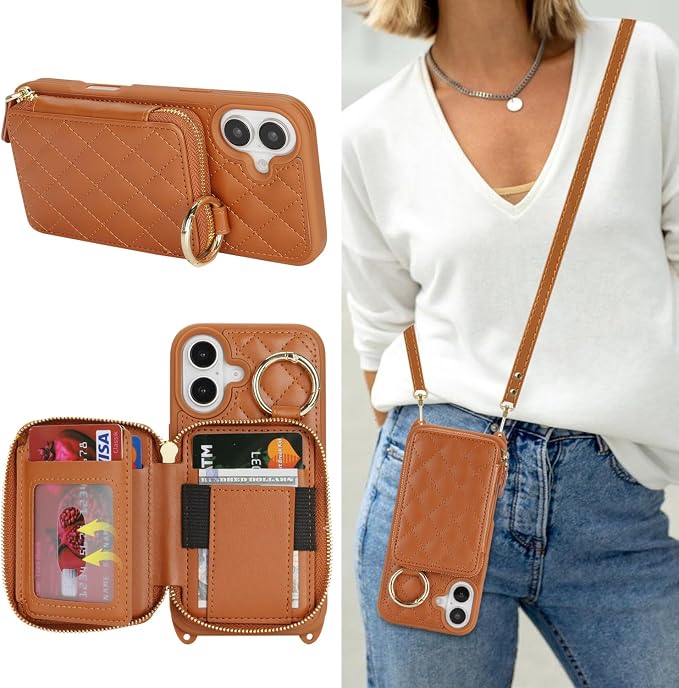 Crossbody Wallet Case for iPhone 17, PU Leather Zipper Handbag Purse Flip Cover, Kickstand Folio Case with Card Slots Holder Wrist Strap Lanyard 5G 6.3 Inch-Brown