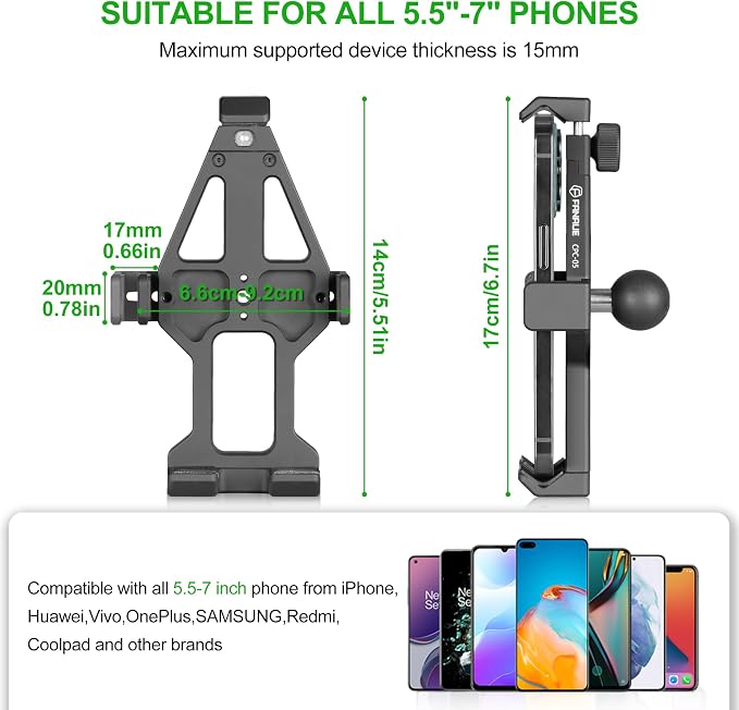 FANAUE Aluminum Motorcycle Phone Holder with 1" Ball Head Adapter Compatible with RAM Mounts B Size Double Socket Arm & Bike Phone Mount for 5.5-7" Smartphone