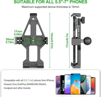 FANAUE Aluminum Motorcycle Phone Holder with 1" Ball Head Adapter Compatible with RAM Mounts B Size Double Socket Arm & Bike Phone Mount for 5.5-7" Smartphone