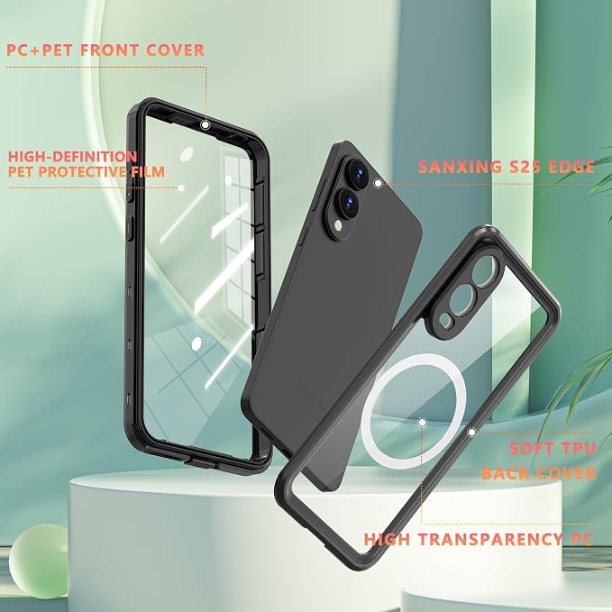 Omio for Galaxy S25 Edge Waterproof Case Compatible with MagSafe, Magnetic Waterproof Full Body IP68 Underwater Case Built-in Screen Protector Military Grade Shockproof Case for Men Women Black