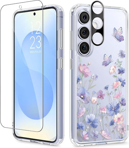 GVIEWIN for Samsung Galaxy S25 Plus Case, Clear Floral Slim Shockproof Protective Women Phone Case, Non-Yellowing, with Screen Protector & Camera Lens Protector for S25 Plus 6.7", Bloomwing/Blue