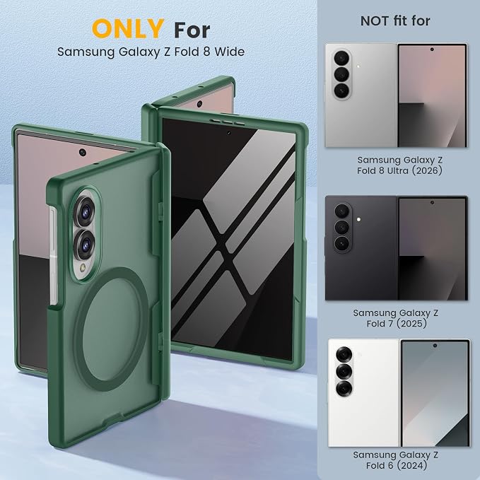 Caka Magnetic for Samsung Galaxy Z Fold 8 Case with Hinge Protection Green | Compatible with MagSafe, Built-in Outer Screen Protector, Hinge Guard, Translucent Matte Back, 360° Hybrid Drop Defense