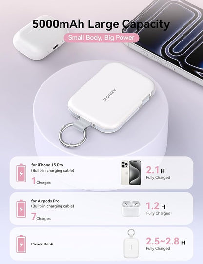 RORRY CharmGo Portable Charger, 5000mAh Portable Charger Power Bank with Built-in Cables, Travel Keychain Charger Battery Pack for iPhone 17/16/15/14/13/12, for AirPods 2/3/4/Pro, White