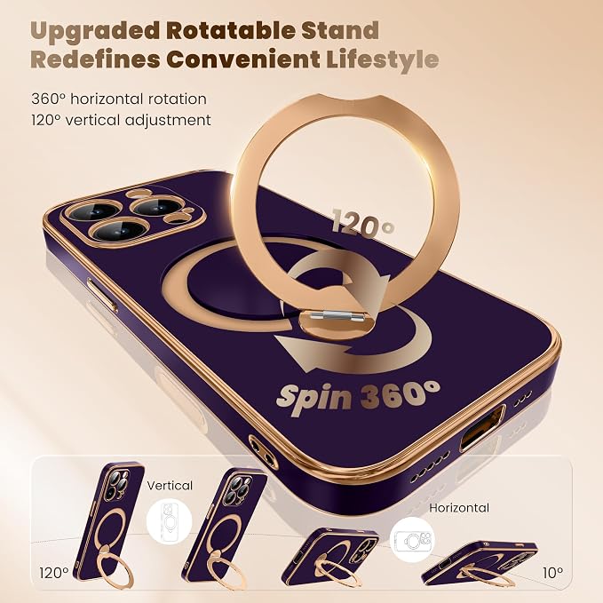 GolbinBox for iPhone 15 Pro Max Case with 360° Spin Magnetic Stand,[Compatible with Magsafe] [Military Protection][Built-in Ring Holder] Shockproof Phone Case for 15 Pro Max, Purple