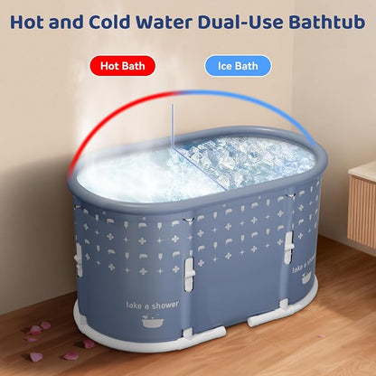 Portable Bathtub, Foldable Bathtub No Installation, Freestanding Shower Bathtubs with Cushion, Collapsible SPA Soaking Bath Tub, Hot & Ice Bath Tub for Indoor Outdoor (White Brown Stripes)