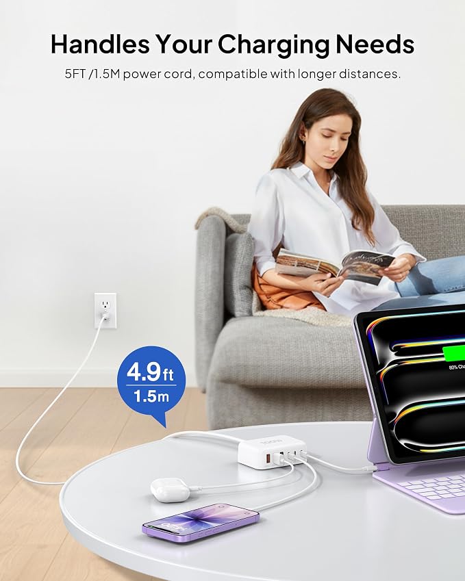 [2026 Updated] USB C Fast Charger, 100W GaN 6 Port Type C Charging Station Hub Block Cube, USB C Wall Charger Power Strip Adapter Plug for iPad iPhone 17 16 15 14 Pro Max Pixel Note Galaxy, 5ft Cord