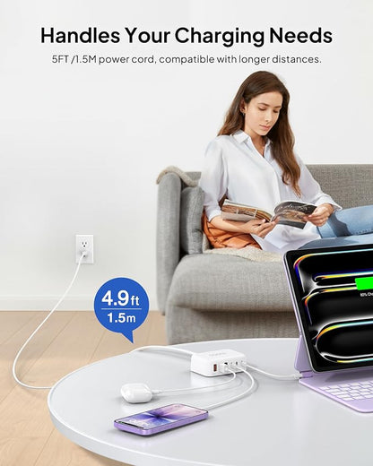 [2026 Updated] USB C Fast Charger, 100W GaN 6 Port Type C Charging Station Hub Block Cube, USB C Wall Charger Power Strip Adapter Plug for iPad iPhone 17 16 15 14 Pro Max Pixel Note Galaxy, 5ft Cord