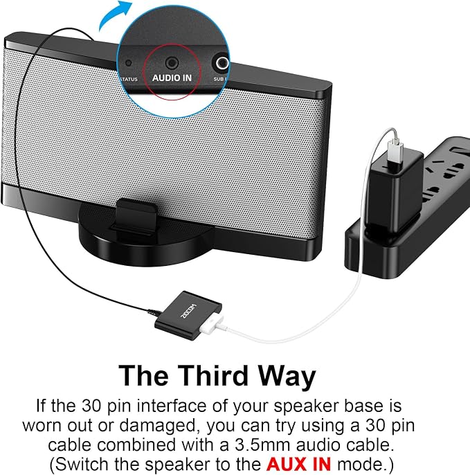ZIOCOM 30 Pin Bluetooth Adapter Receiver for Bose iPod iPhone SoundDock and Other 30 pin Dock Speakers with 3.5mm Aux Cable(Not for Car and Motorcycles), Black