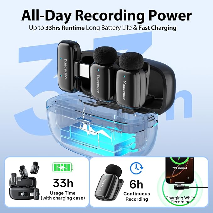 Mini Wireless Lavalier Microphone for iPhone ipad Android, Noise Reduction and Mute, 33h Charging Case, AI Voice Changer, 131FT Range, Mini Lapel Mic for Video Recording, Vlogging, YouTube