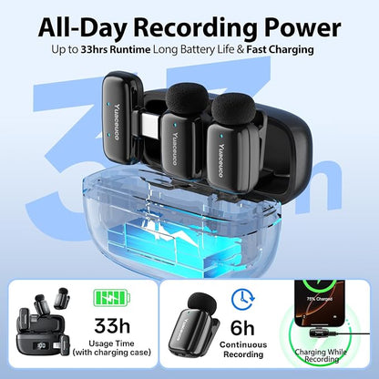 Mini Wireless Lavalier Microphone for iPhone ipad Android, Noise Reduction and Mute, 33h Charging Case, AI Voice Changer, 131FT Range, Mini Lapel Mic for Video Recording, Vlogging, YouTube