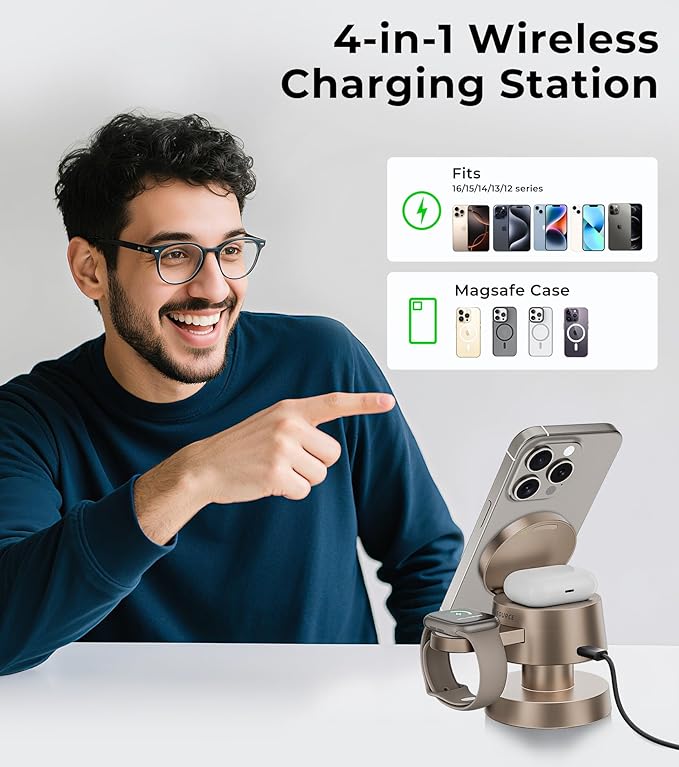 4-in-1 Magnetic Wireless Charging Station for iPhone 17/16/15/14 Pro Max, with Night Light Wireless Charging Station Fast Charging for Apple Watch, Earphones & Multiple Devices