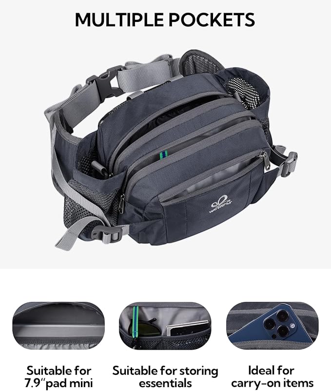 WATERFLY Fanny Pack Waist Bag: Fannie Pack 2 Water Bottle Holders Lumbar Belt Hiking Walking Running Jogging Camping Large Woman Man (Bottle Not Included)