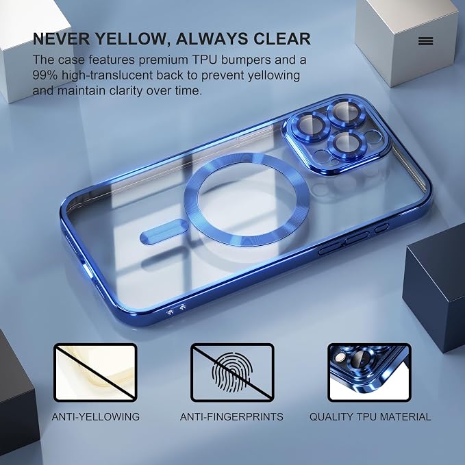 Misea Magnetic for iPhone 15 Pro Max Case with MagSafe [Never Yellowing] [Military Grade Drop Protection] Full Camera Lens Protector Plating Soft Clear Phone Case for Women Girls, Deep Blue