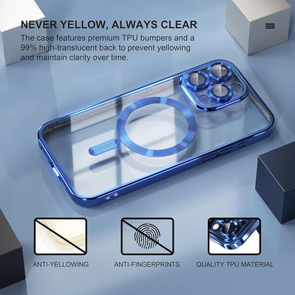 Misea Magnetic for iPhone 15 Pro Max Case with MagSafe [Never Yellowing] [Military Grade Drop Protection] Full Camera Lens Protector Plating Soft Clear Phone Case for Women Girls, Deep Blue