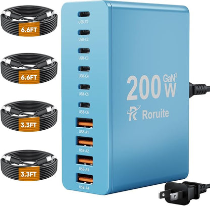 USB C Charging Station 10 Port with 4 Cables,200W GaN Type C Charger Block | Wall Charger Power Strip Adapter Plug for iPad iPhone17 16 15 14 13 12 Pro Max Pixel Note Galaxy Blue