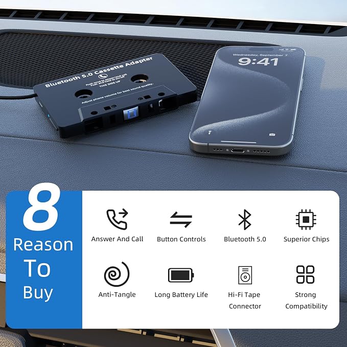 Car Bluetooth Cassette Reciver, Tape Player BT 5.0 Cassette Aux Adapter with Hands-Free