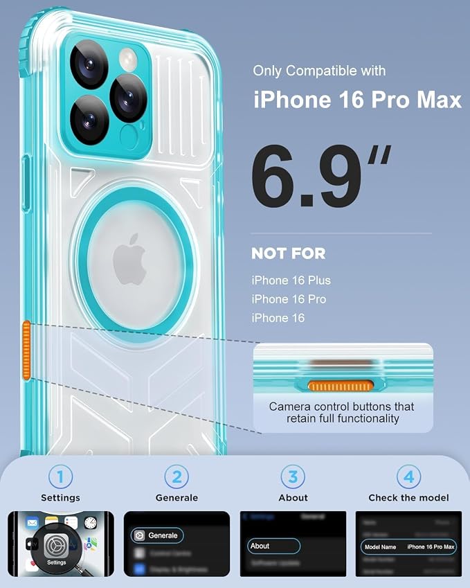 for iPhone 16 Pro Max Waterproof Case with Magsafe, Built-in [Camera & Screen Protector] [Lanyard], IP68 Water Proof Full Body Dustproof Heavy Duty Frosted Protective Phone Cover, 6.9" Teal