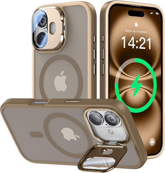 [Upgraded] for iPhone 16 Case with Camera Cover Stand [Fit for MagSafe][9H Camera Lens Protector] Mil-Grade Protection Translucent Matte Silicone Magnetic iPhone 16 Phone Case, Rose Gold