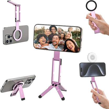ULANZI MA60 Magnetic Phone Tripod Stand for iPhone - Aluminium Smartphone Mini Tripod Pocket Cell Phone Stand Strong Magnet Quick Mount Compatible with iPhone 16 15 14 13 14 Series, Pink