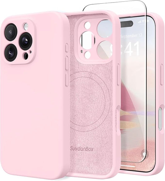 Magnetic for iPhone 16 Pro Case, Compatible with MagSafe, [Full Camera Protection][Screen Protector] Silicone Shockproof Protective Phone Case for iPhone 16 Pro 6.3", Chalk Pink