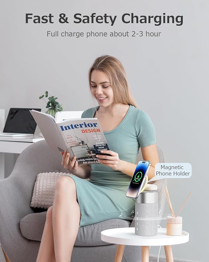 COLSUR Bluetooth Speaker, Magnetic Wireless Charger, Bluetooth Speakers with Night Light, 2 in 1 Wireless Charging Station for iPhone 17/16/15/14/13/12 Series, AirPods Pro 2/4/3/2（Gift Ideal）(Gray)