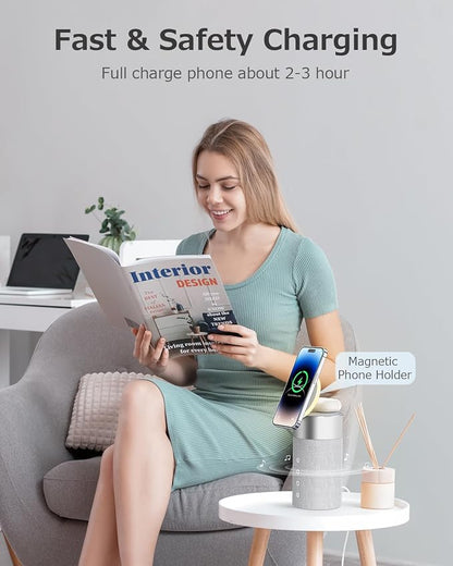 COLSUR Bluetooth Speaker, Magnetic Wireless Charger, Bluetooth Speakers with Night Light, 2 in 1 Wireless Charging Station for iPhone 17/16/15/14/13/12 Series, AirPods Pro 2/4/3/2（Gift Ideal）(Gray)