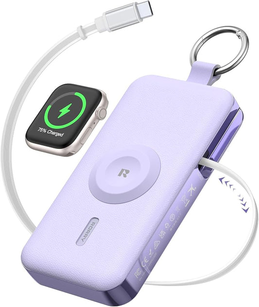 RORRY CharmGo Portable Charger 3 in 1 30W Fast Charging Power Bank 12000mAh | Built-in Retractable Cable, Keychain Design, for iPhone/iWatch/iPad/Airpods,2 USB-C Cables,Purple
