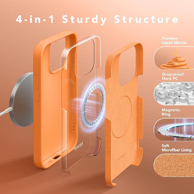 GONEZ Magnetic for iPhone 15 Pro Case, Compatible with MagSafe, [Screen Protector + Camera Lens Protector], Silicone Shockproof Anti-Scratch Protective Phone Case 6.1 inch, Orange