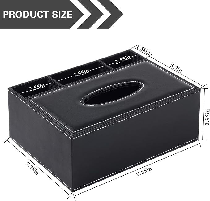 Multifunction PU Leather Tissue Box Cover Rectangular Upgrade Large Size Stationery Napkin Remote Control Holder Storage Box,Facial Tissue Dispenser Desk Organizer Caddy Home Office Supplies (Black)