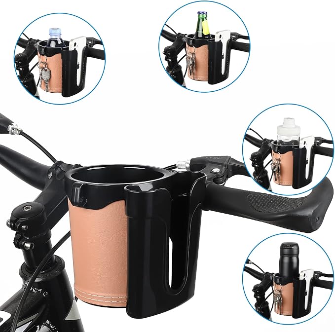 Accmor 3-in-1 Bike Cup Holder with Cell Phone Keys Holder, Bike Water Bottle Holders, Universal Bar Drink Cup Can Holder for Bicycles, Motorcycles, Scooters, Black Beige