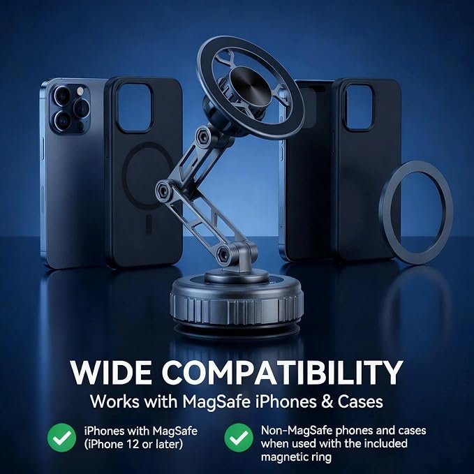 Vacuum Suction Car Phone Mount [80LBS Strong Suction & 3-Section Long Arm] Magnetic Dashboard Holder for Car, 360° Rotation Stand with Metal Ring for iPhone 17 16 15 14 13, Samsung & All Phones