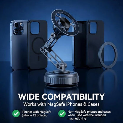 Vacuum Suction Car Phone Mount [80LBS Strong Suction & 3-Section Long Arm] Magnetic Dashboard Holder for Car, 360° Rotation Stand with Metal Ring for iPhone 17 16 15 14 13, Samsung & All Phones