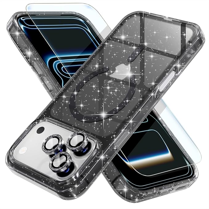 Choiche Magnetic for iPhone 17 Pro Max Case Compatible with MagSafe, Women Cute Glitter Sparkly Phone Case with Diamond Camera Lens Protectors, Military-Grade Drop Protection 6.9" (Black)