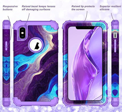 Hocase for iPhone Xs Max Case, Heavy Duty Shockproof Protection Soft Silicone Rubber+Hard Plastic Bumpers Hybrid Protective Case for iPhone Xs Max (6.5") 2018 - Blue Purple Marble