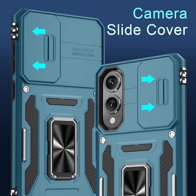 DEERLAMN Case for Samsung Galaxy S25 Edge with Slide Camera Cover+Screen Protector (1 Pack), Rotated Ring Kickstand Military Grade Shockproof Protective Cover-Light Blue