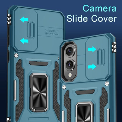 DEERLAMN Case for Samsung Galaxy S25 Edge with Slide Camera Cover+Screen Protector (1 Pack), Rotated Ring Kickstand Military Grade Shockproof Protective Cover-Light Blue
