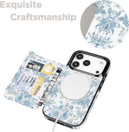 uCOLOR for iPhone 17 Pro 6.3" Wallet Case Magsafe with Card Holder Slot【Compatible with MagSafe】 Double Magnetic RFID Design with Camera Lens Protector (Blue Floral, iPhone 17 Pro)